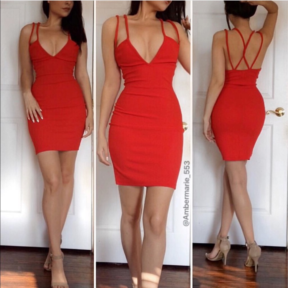 Red dress with low cut neckline